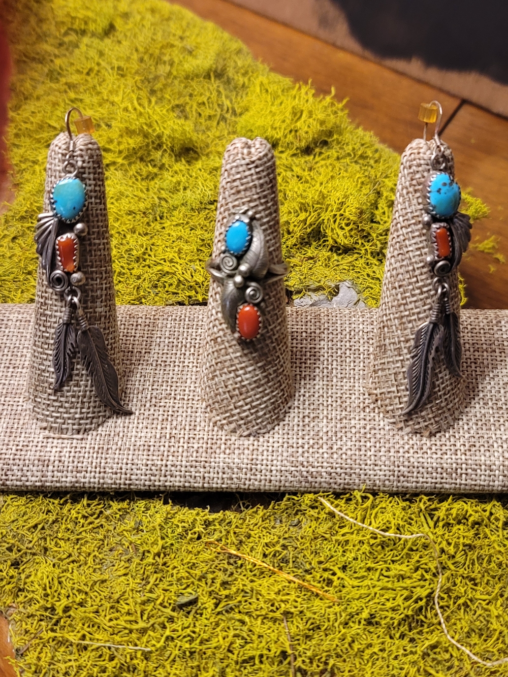 Turquoise & Coral Feather Drop Earrings and Ring Set - Women Jewelry